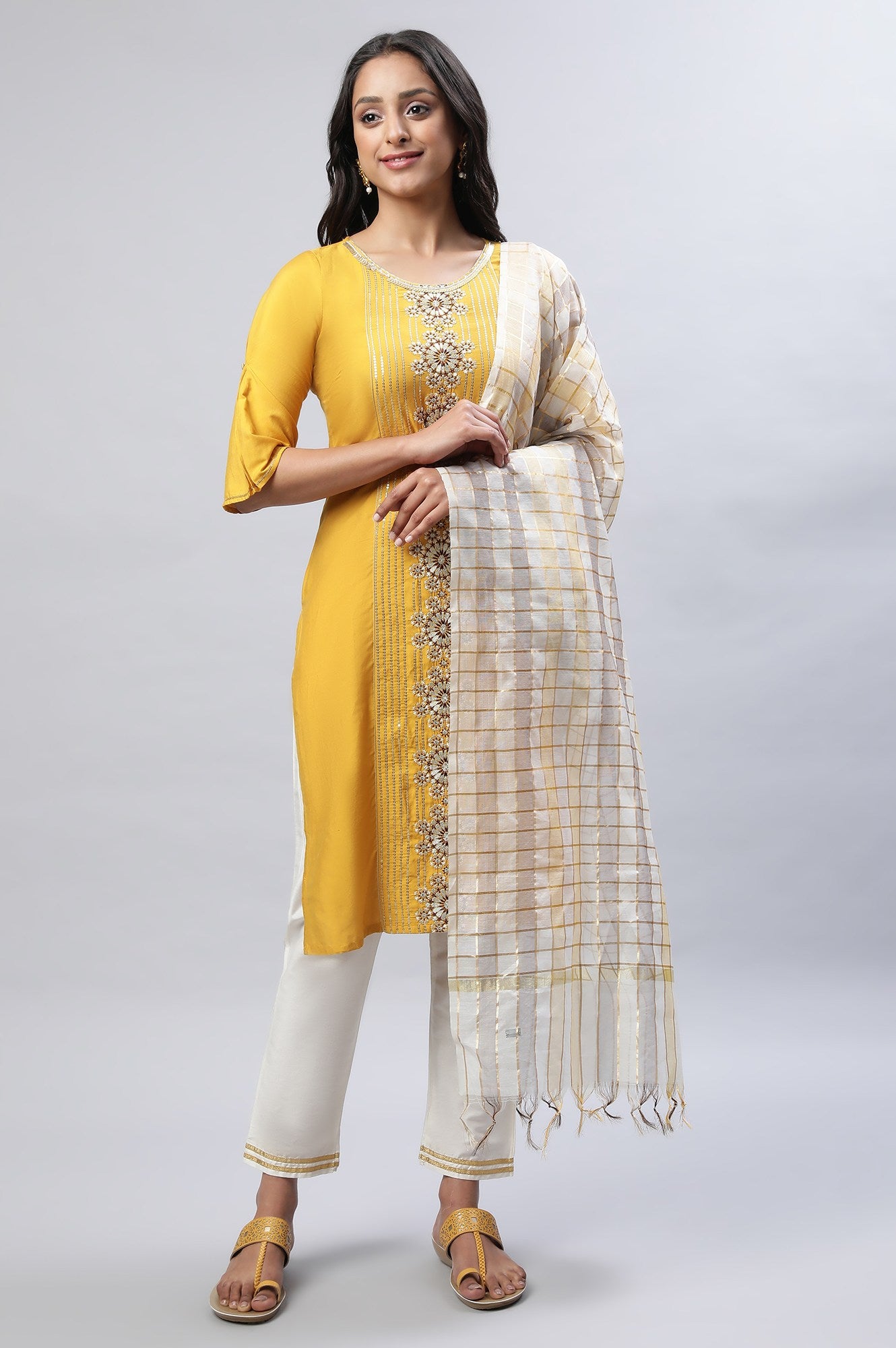 Mustard Liva Embroidered Kurta With Trousers And Banarasi Dupatta