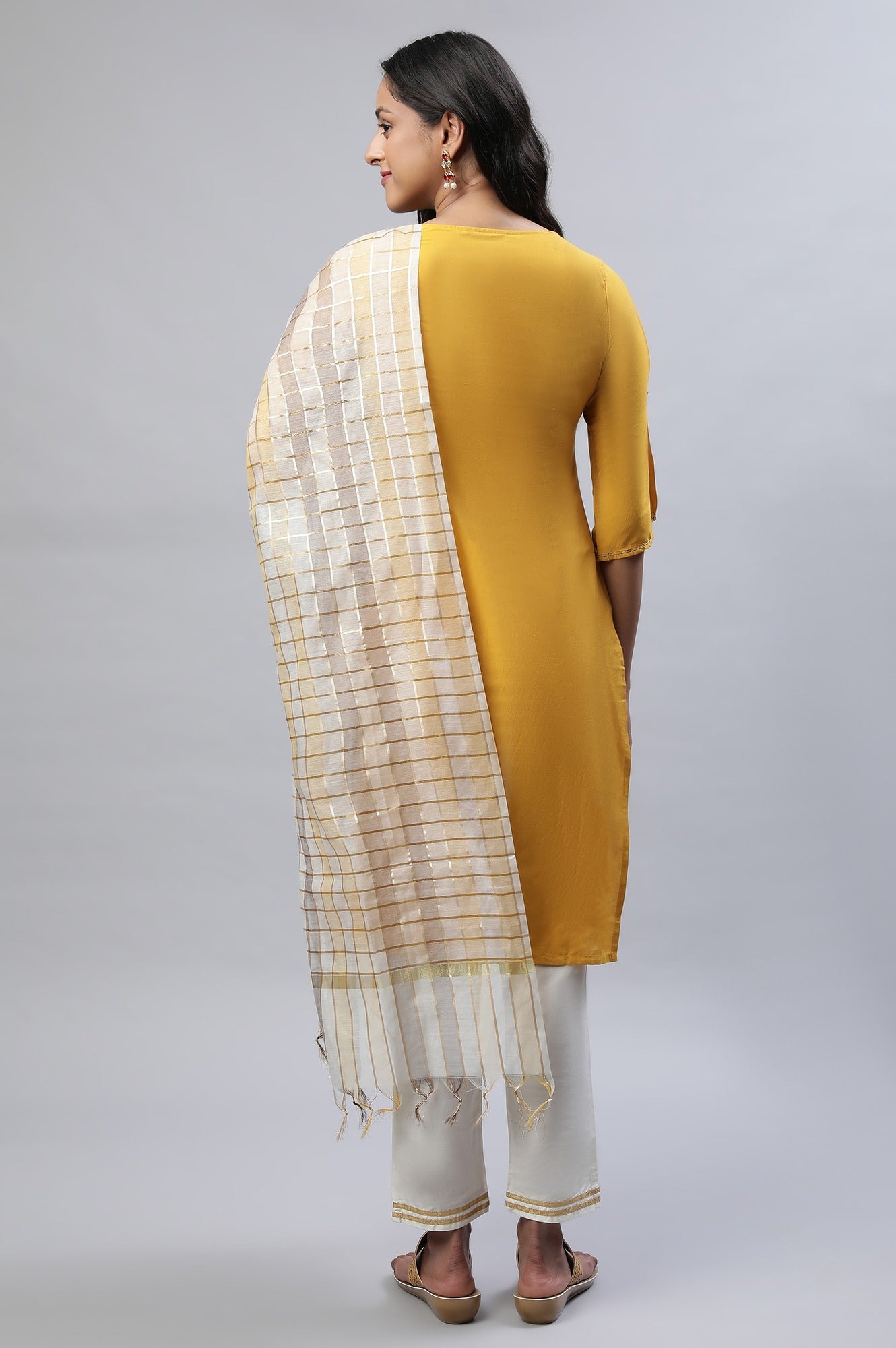 Mustard Liva Embroidered Kurta With Trousers And Banarasi Dupatta