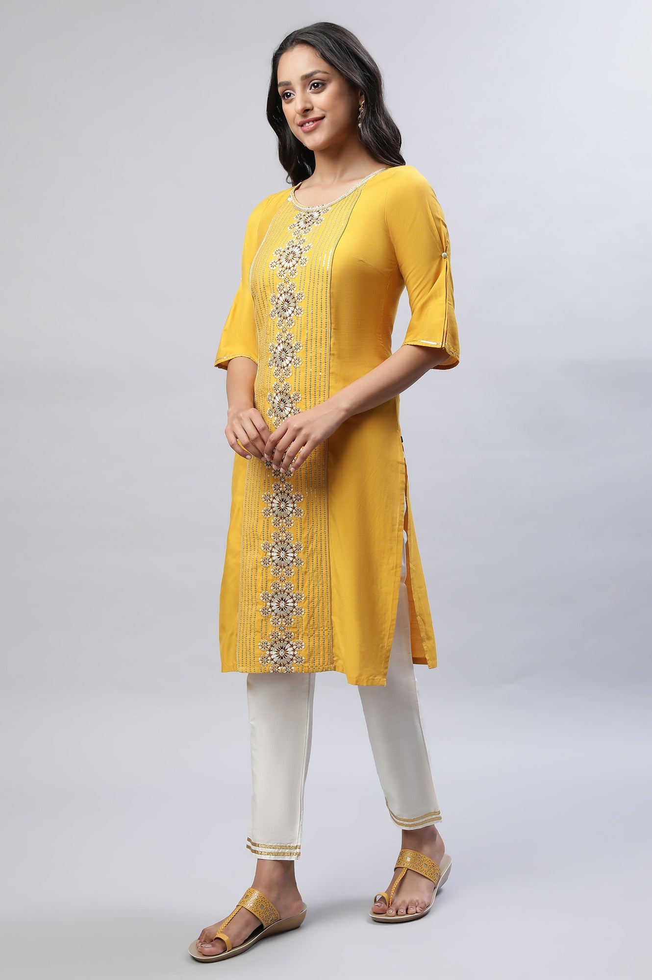 Mustard Liva Embroidered Kurta With Trousers And Banarasi Dupatta