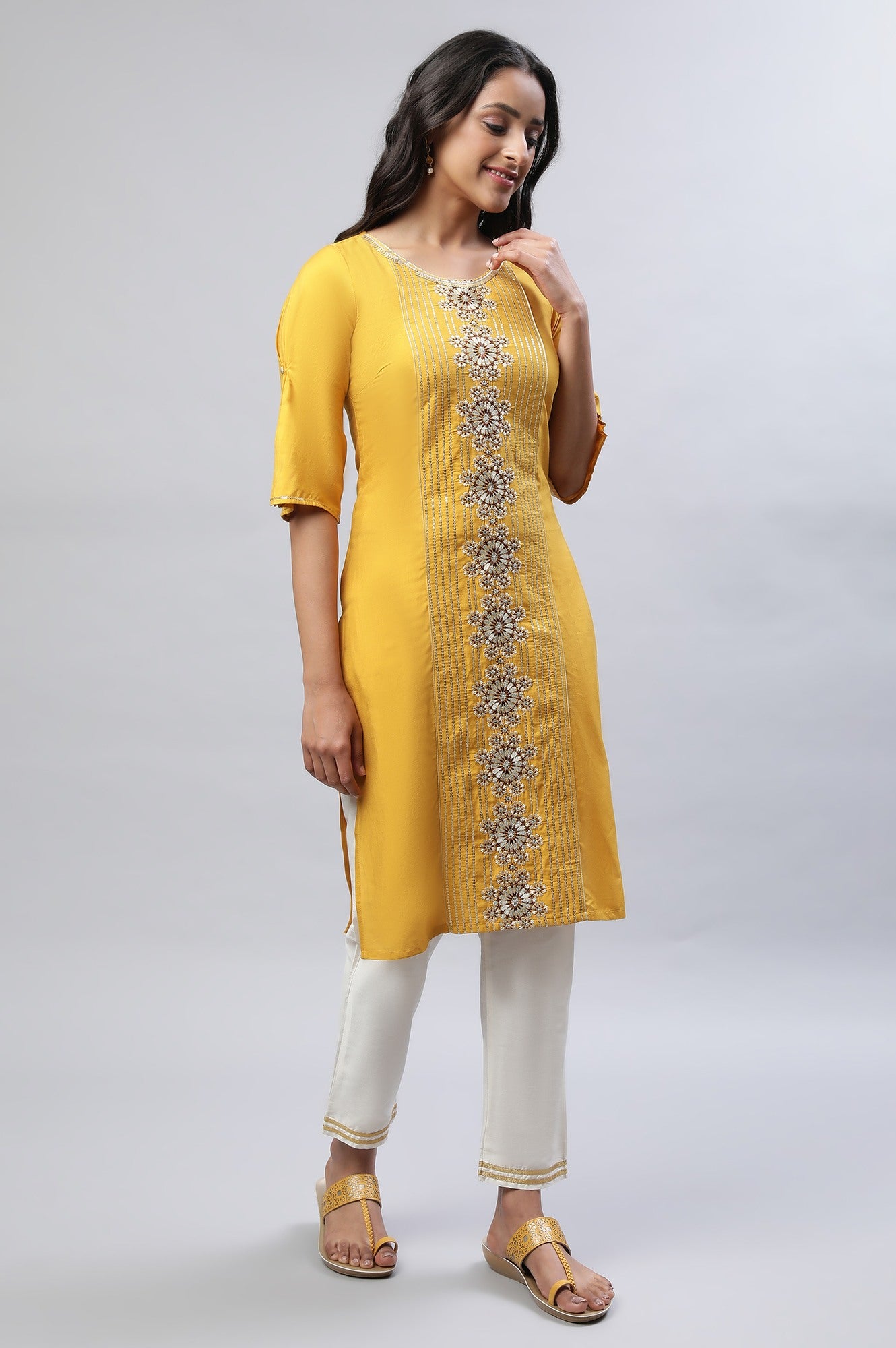 Mustard Liva Embroidered Kurta With Trousers And Banarasi Dupatta