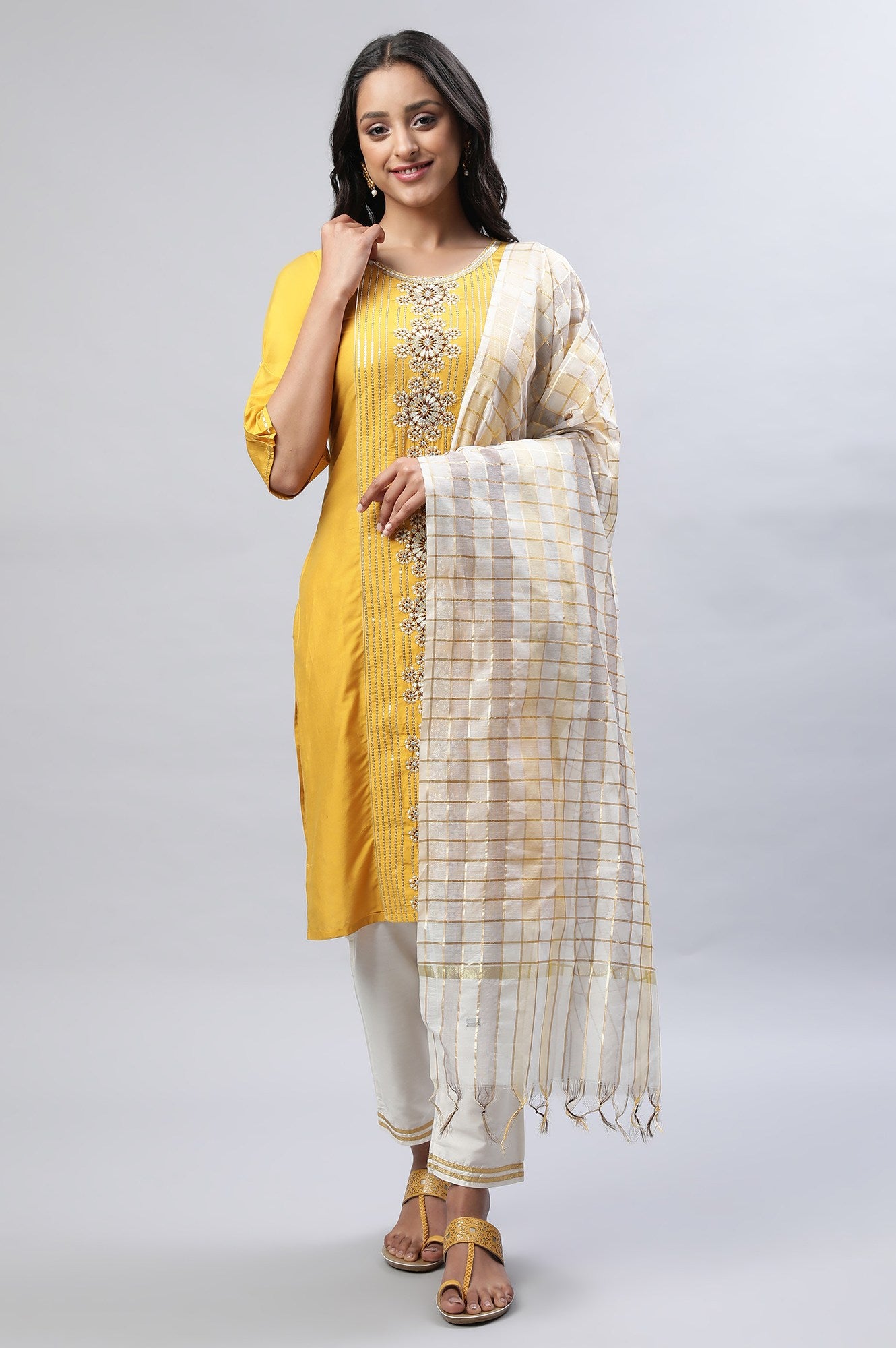 Mustard Liva Embroidered Kurta With Trousers And Banarasi Dupatta