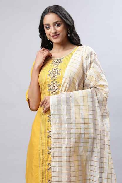 Mustard Liva Embroidered Kurta With Trousers And Banarasi Dupatta