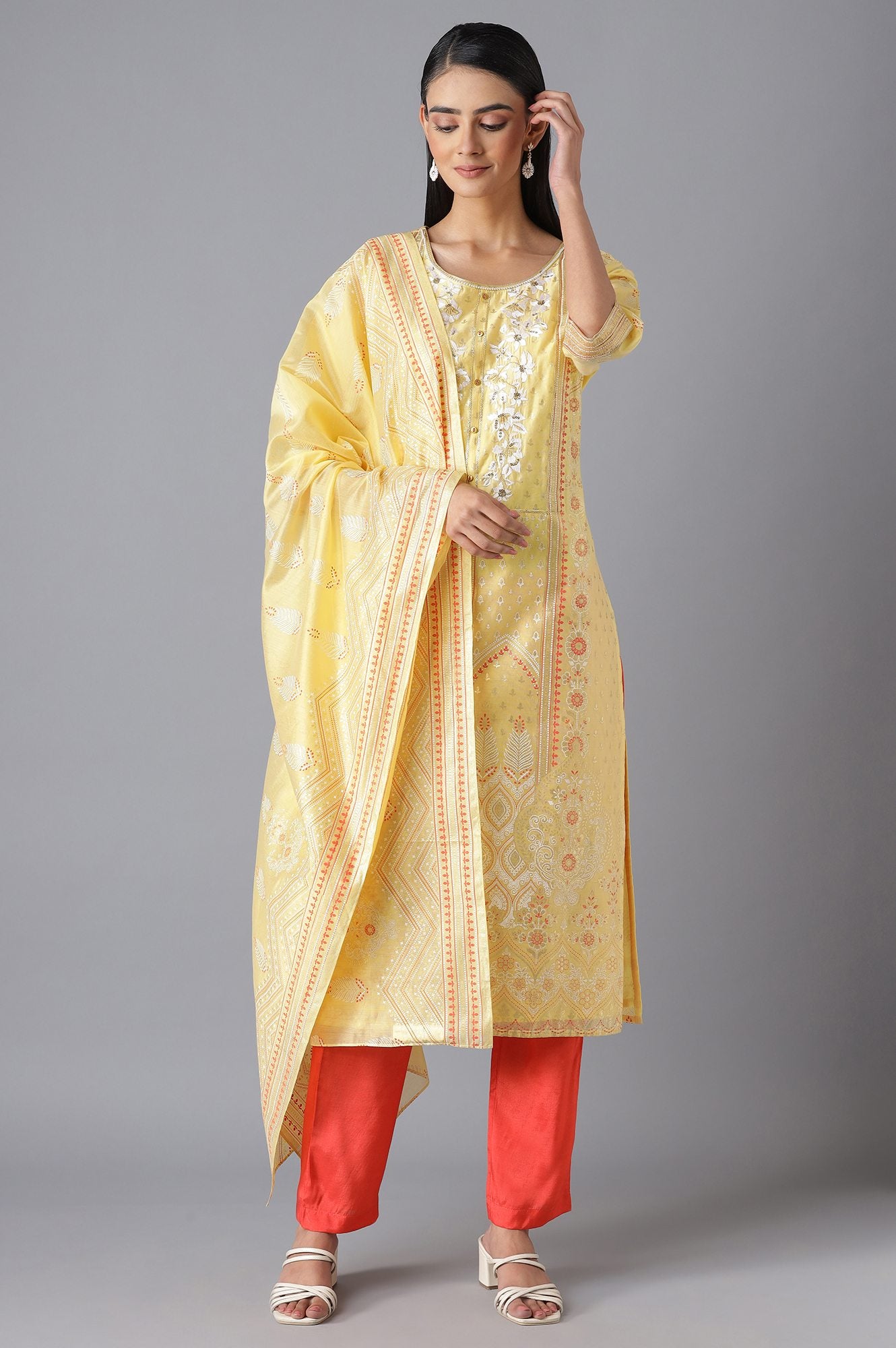 Yellow Printed kurta Orange Trousers and Dupatta Set