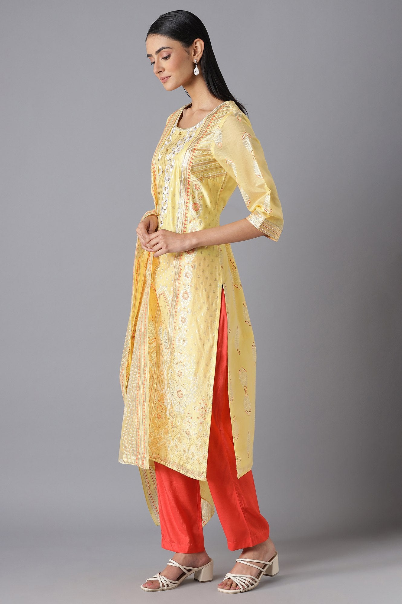 Yellow Printed kurta Orange Trousers and Dupatta Set