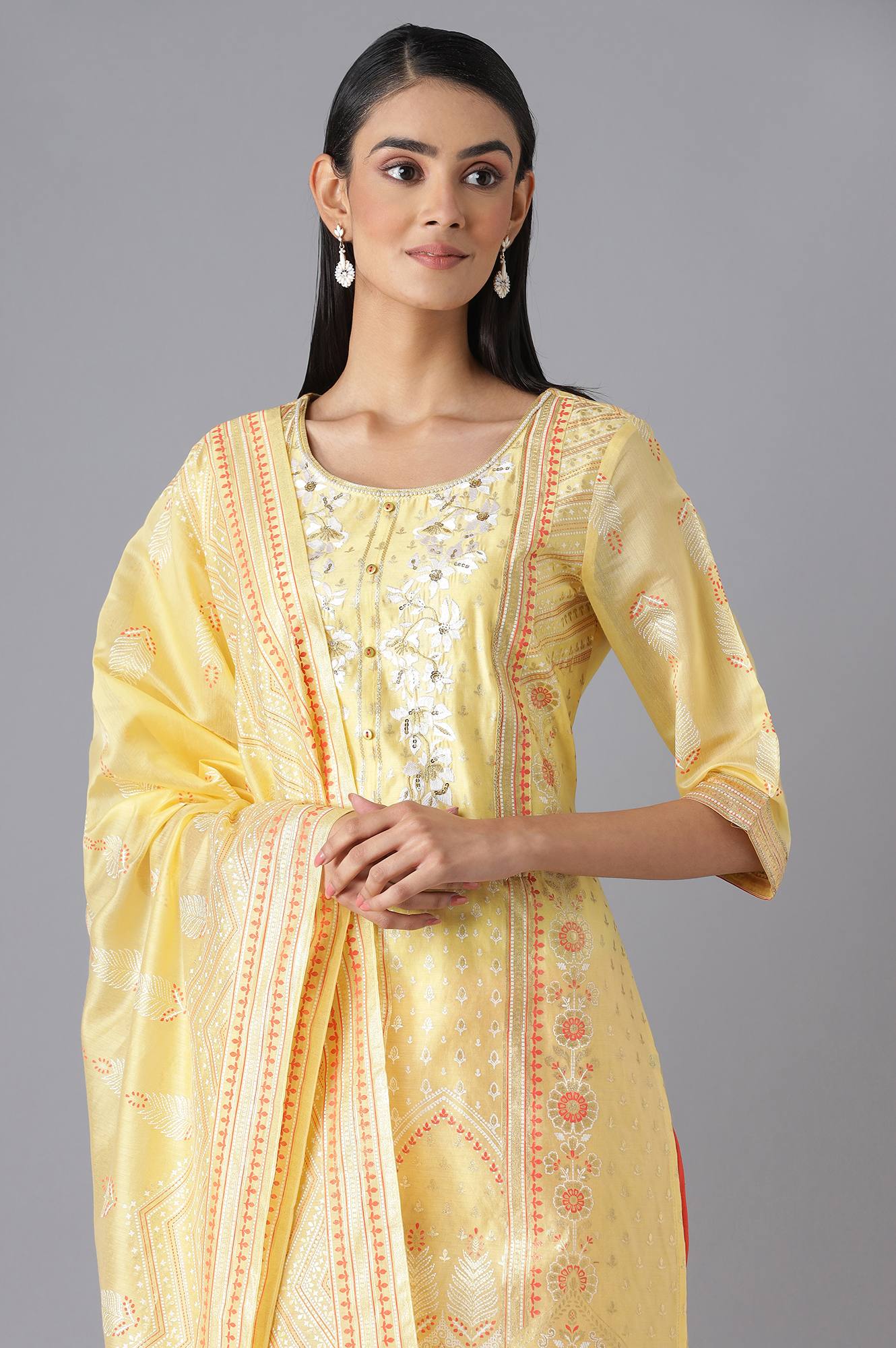 Yellow Printed kurta Orange Trousers and Dupatta Set