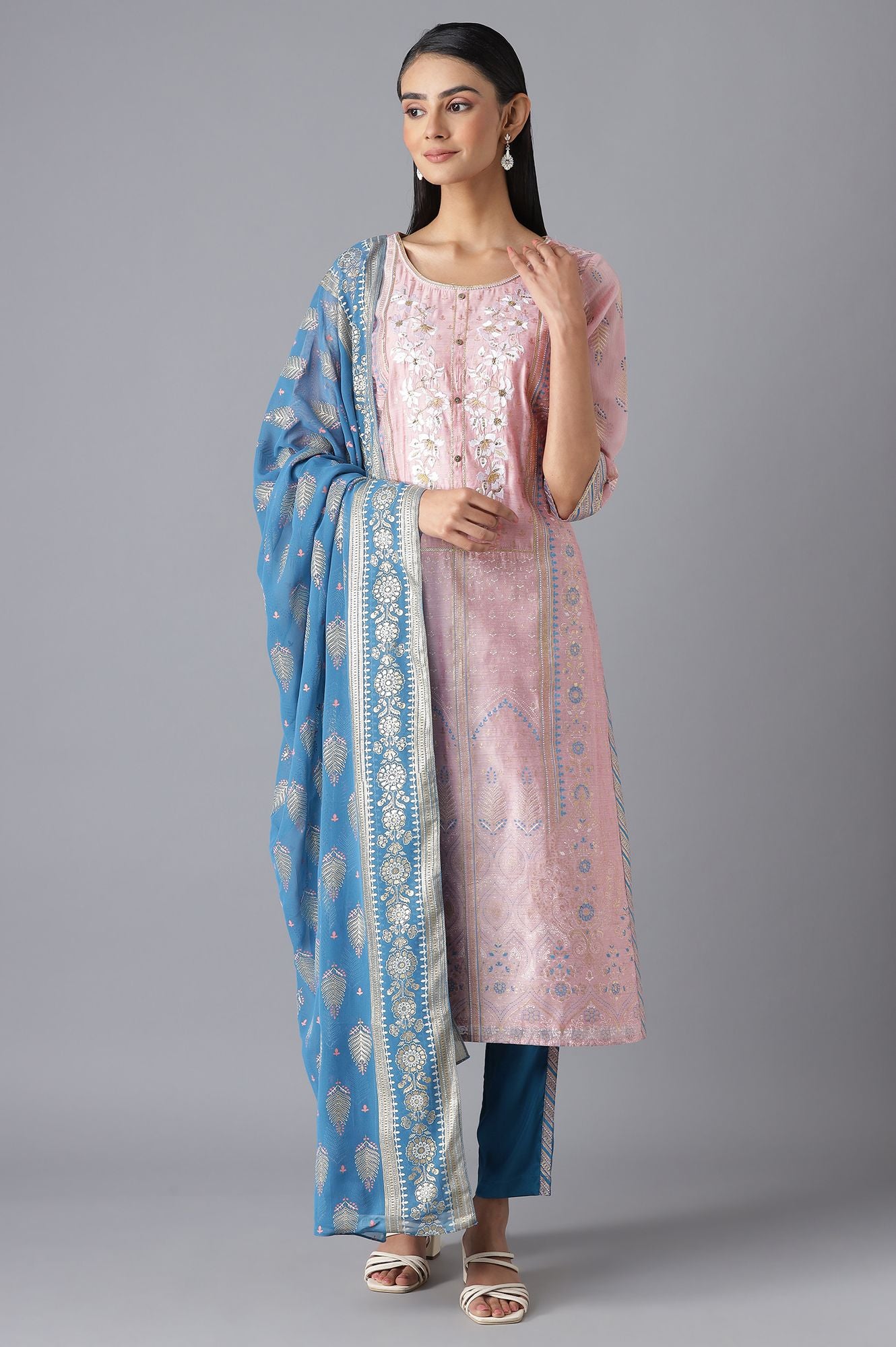 Pink Printed kurta Blue Trousers and Dupatta Set