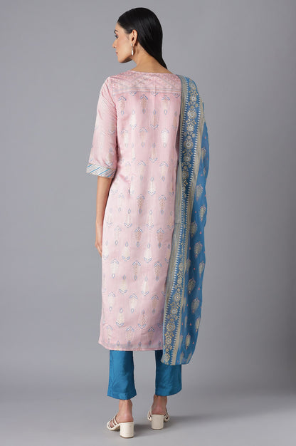 Pink Printed kurta Blue Trousers and Dupatta Set