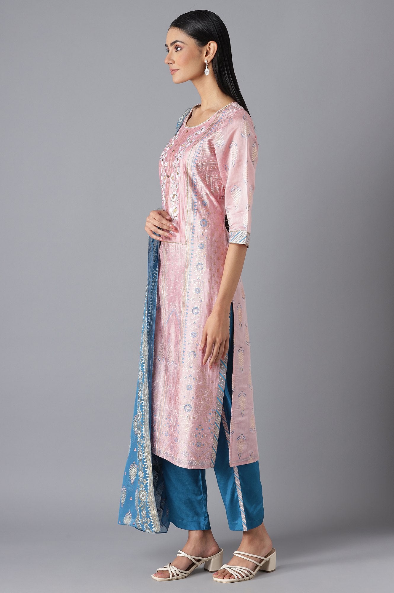 Pink Printed kurta Blue Trousers and Dupatta Set