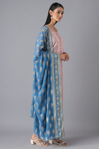 Pink Printed kurta Blue Trousers and Dupatta Set