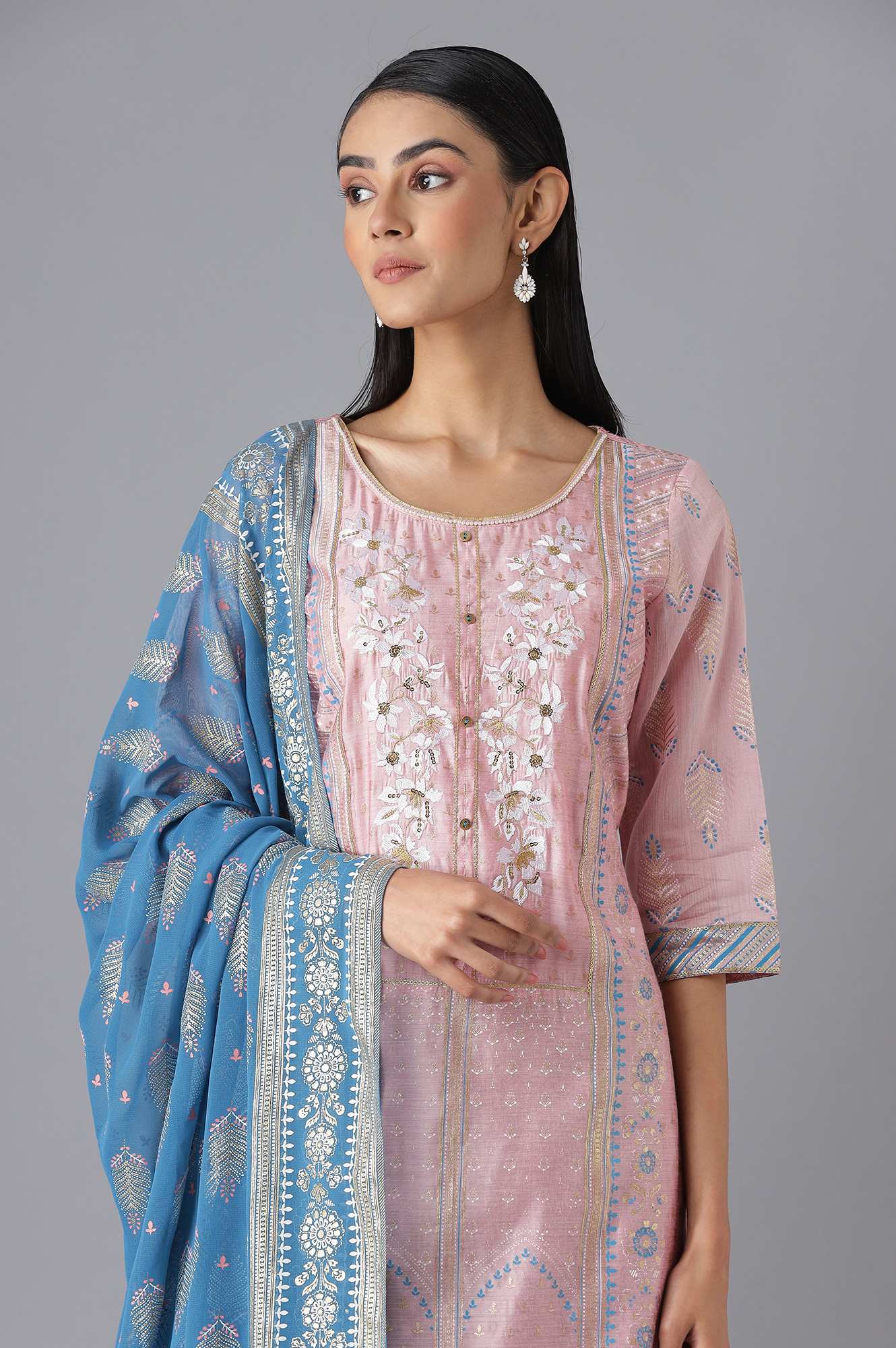 Pink Printed kurta Blue Trousers and Dupatta Set