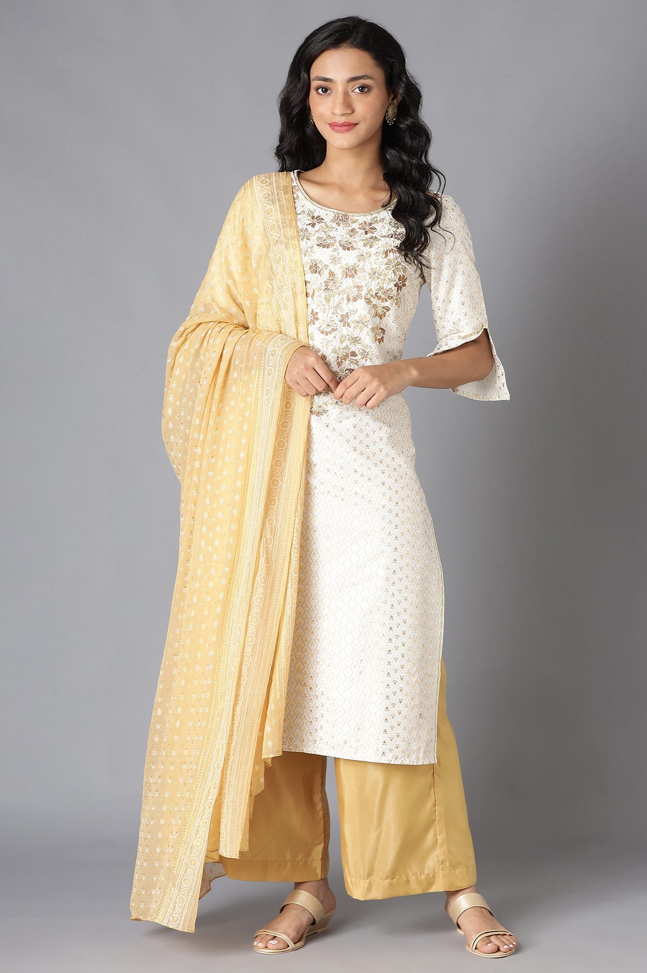 White Printed kurta, Palazzo and Dupatta Set