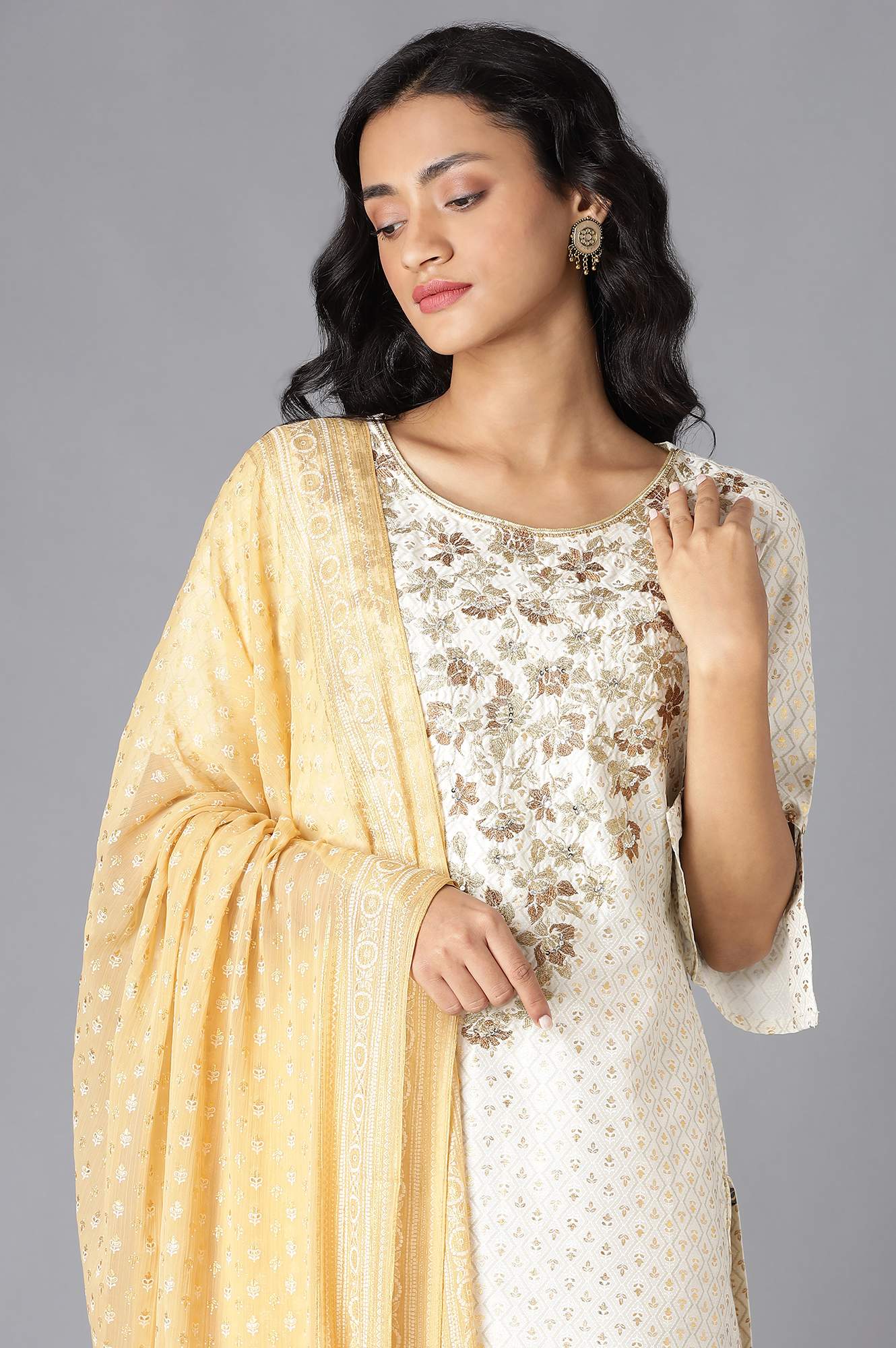 White Printed kurta, Palazzo and Dupatta Set