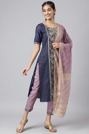 Blue Glitter Printed kurta with Purple Trousers and Dupatta