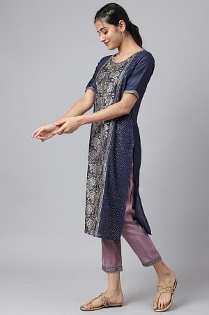 Blue Glitter Printed kurta with Purple Trousers and Dupatta