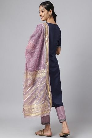 Blue Glitter Printed kurta with Purple Trousers and Dupatta