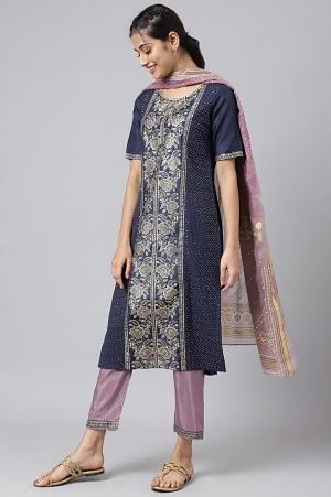 Blue Glitter Printed kurta with Purple Trousers and Dupatta