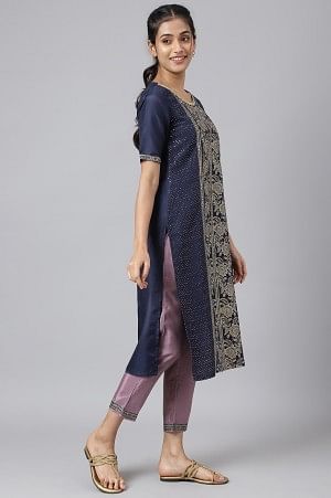 Blue Glitter Printed kurta with Purple Trousers and Dupatta