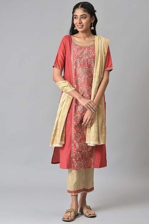 Maroon Glitter Printed kurta with Almond Gold Trousers and Dupatta