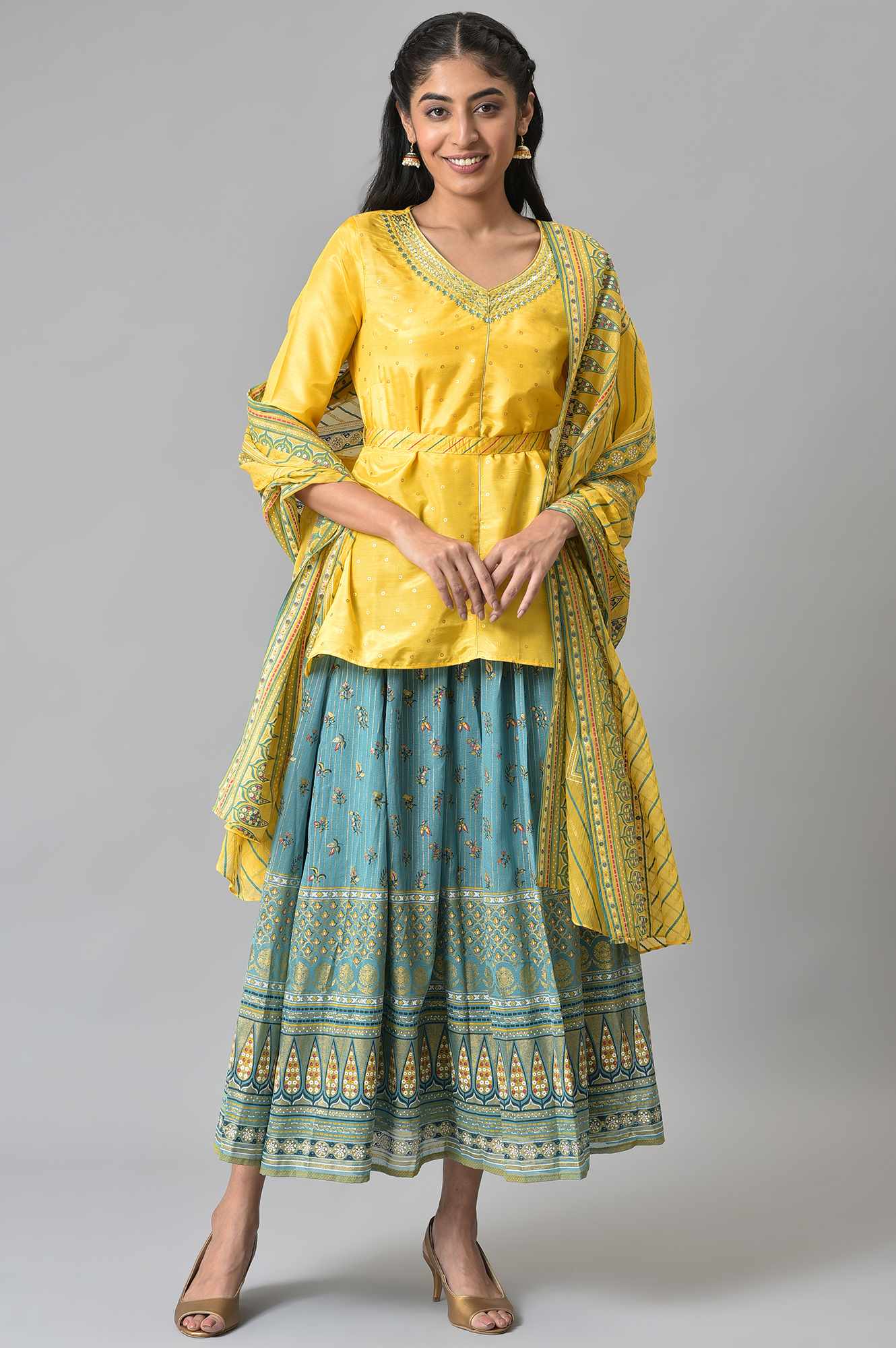 Yellow Embroidered kurta with Green Printed Skirt and Yellow Dupatta