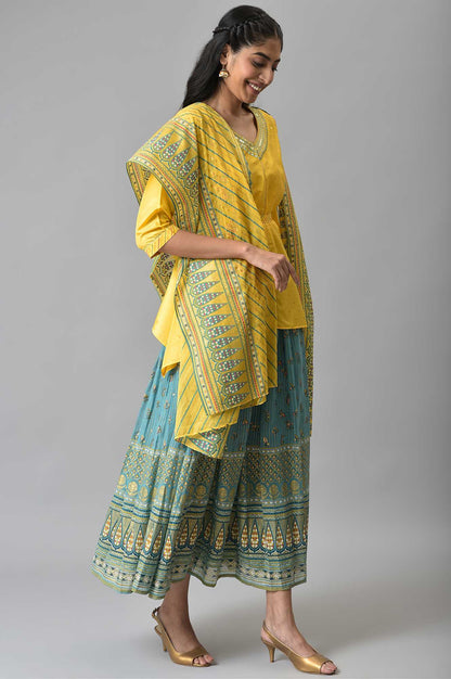 Yellow Embroidered kurta with Green Printed Skirt and Yellow Dupatta