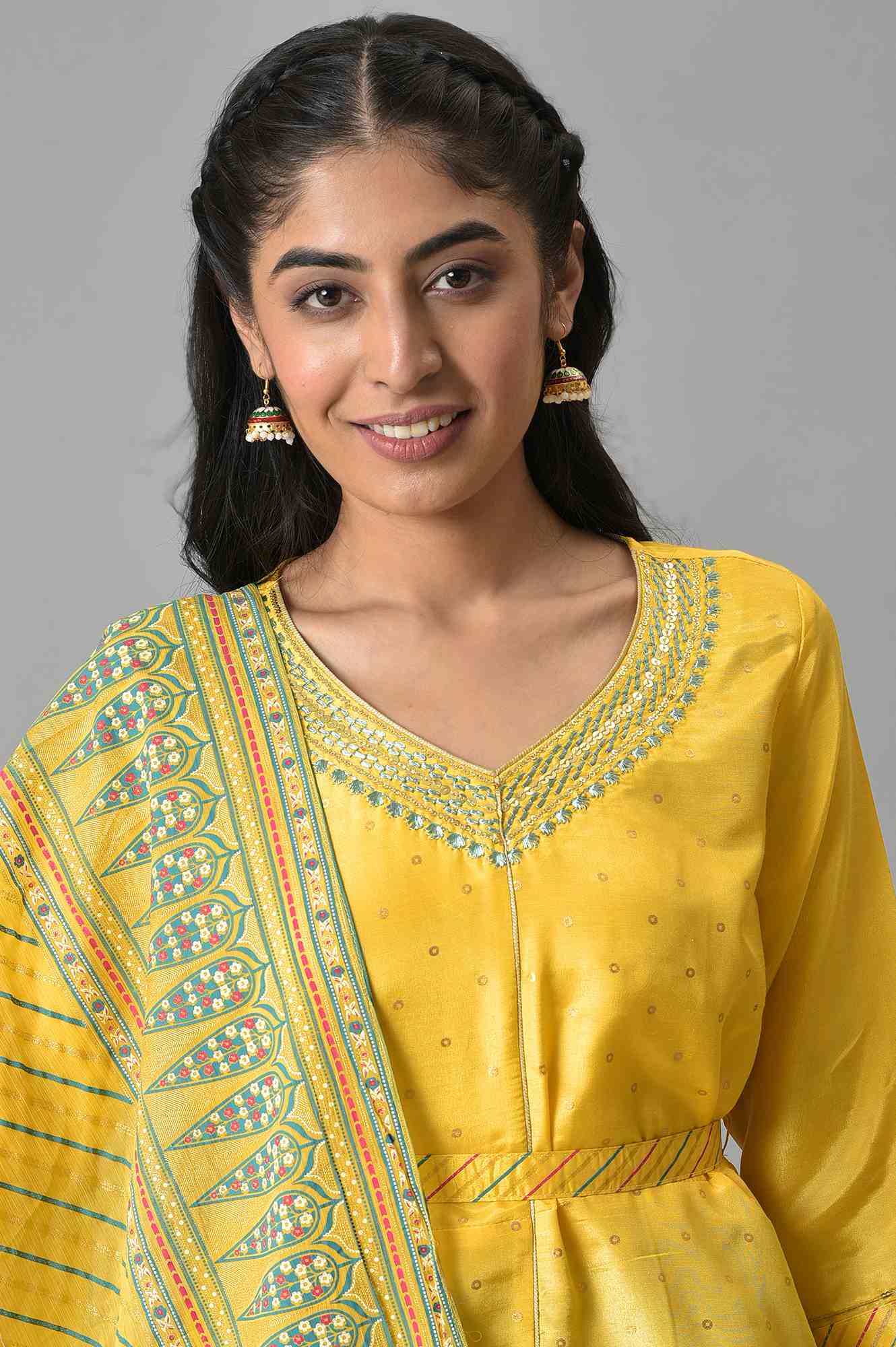 Yellow Embroidered kurta with Green Printed Skirt and Yellow Dupatta