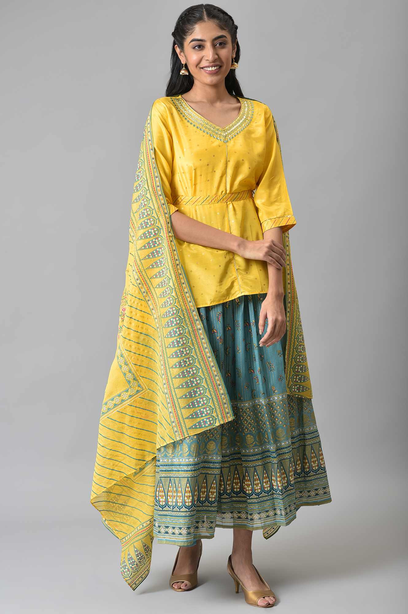 Yellow Embroidered kurta with Green Printed Skirt and Yellow Dupatta