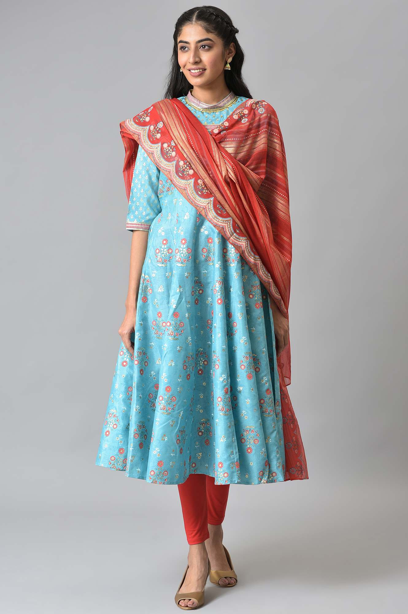 Blue Foil Printed Kurta With Red Tights And Printed Dupatta