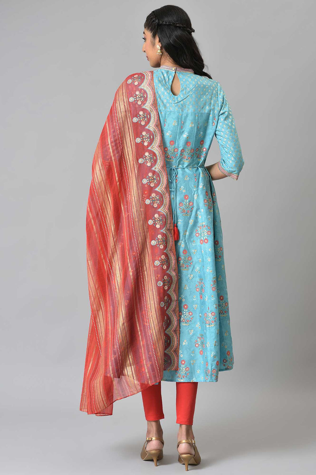 Blue Foil Printed Kurta with Red Tights and Printed Dupatta Set