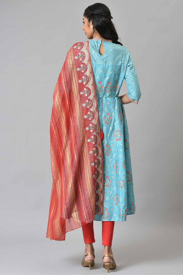Blue Foil Printed Kurta with Red Tights and Printed Dupatta Set