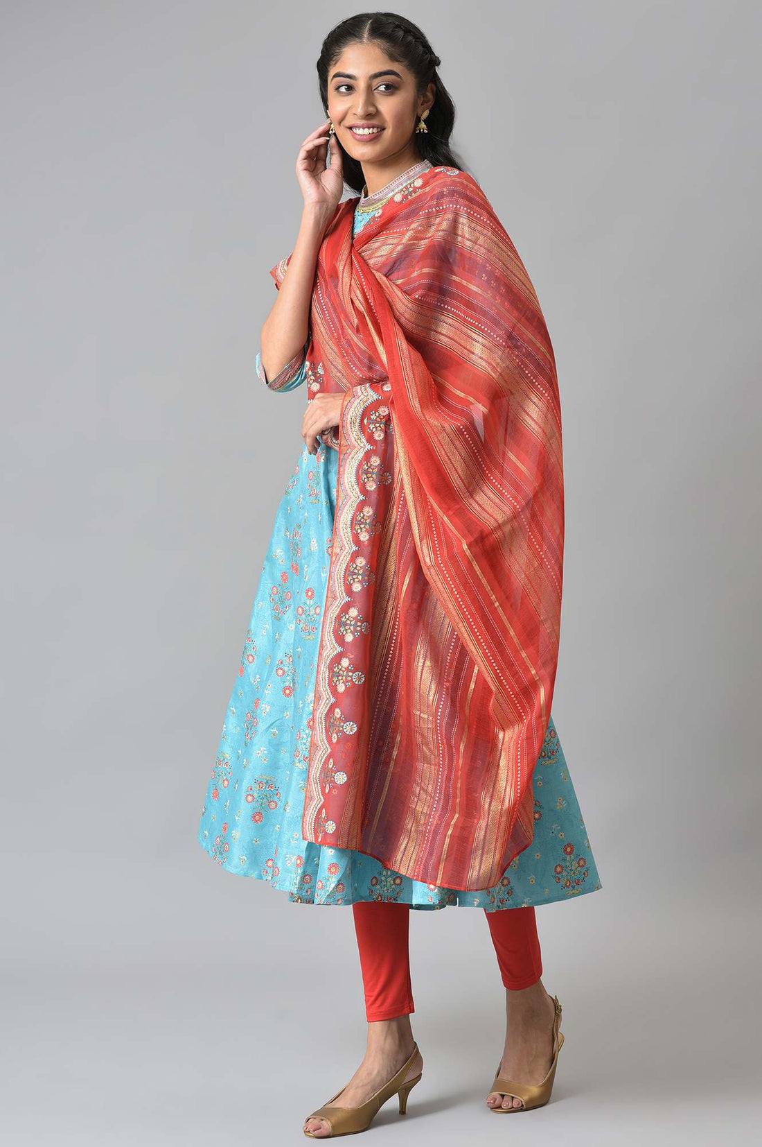 Blue Foil Printed Kurta with Red Tights and Printed Dupatta Set