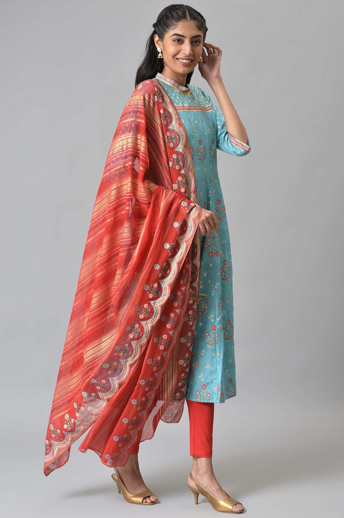 Blue Foil Printed Kurta With Red Tights And Printed Dupatta