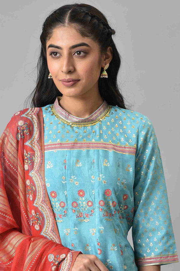Blue Foil Printed Kurta with Red Tights and Printed Dupatta Set