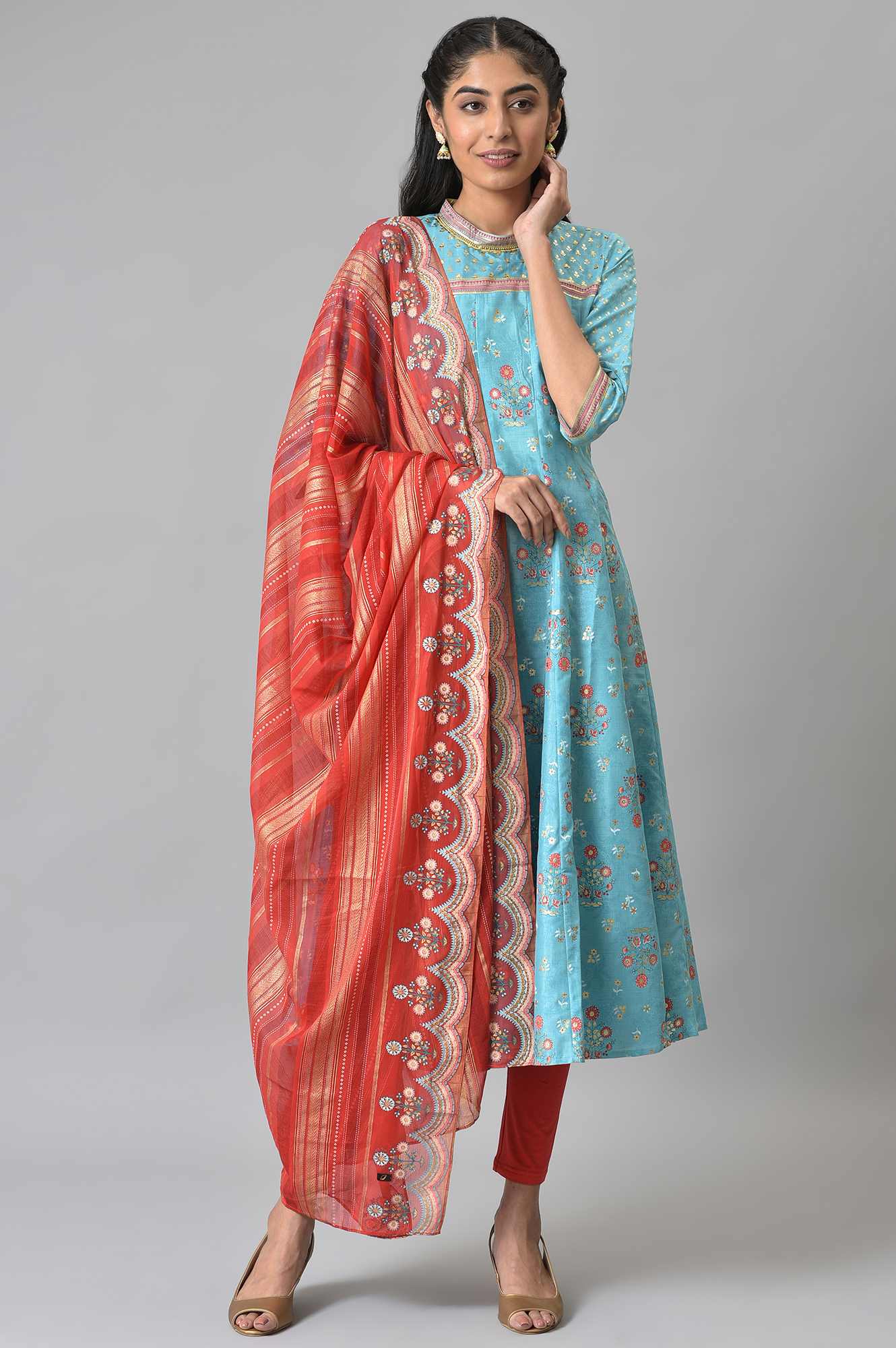 Blue Foil Printed Kurta With Red Tights And Printed Dupatta