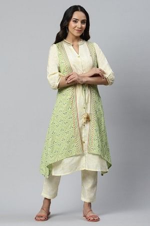 Green Sleeveless Sequined Gillet with kurta and Pants