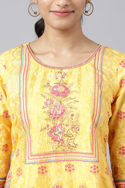 Yellow Asymmetric kurta with Pink Trouser and Dupatta