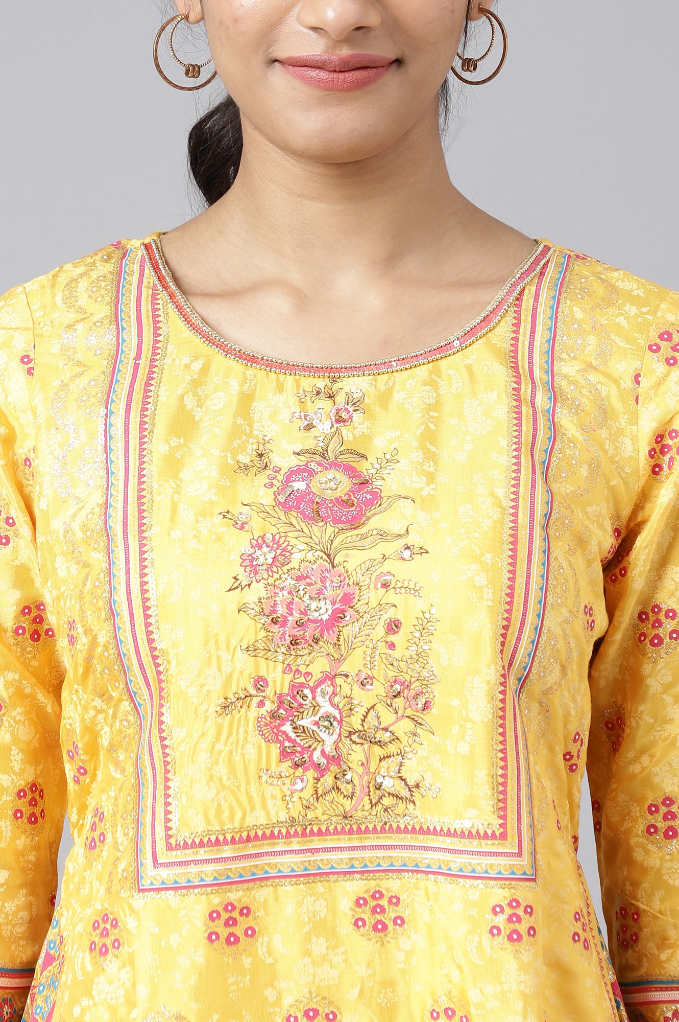 Liva Yellow Asymmetric Kurta With Pink Trouser And Dupatta