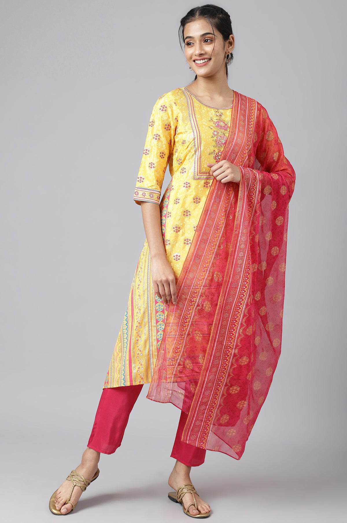 Liva Yellow Asymmetric Kurta With Pink Trouser And Dupatta - S