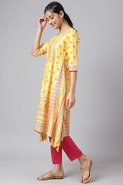 Yellow Asymmetric kurta with Pink Trouser and Dupatta