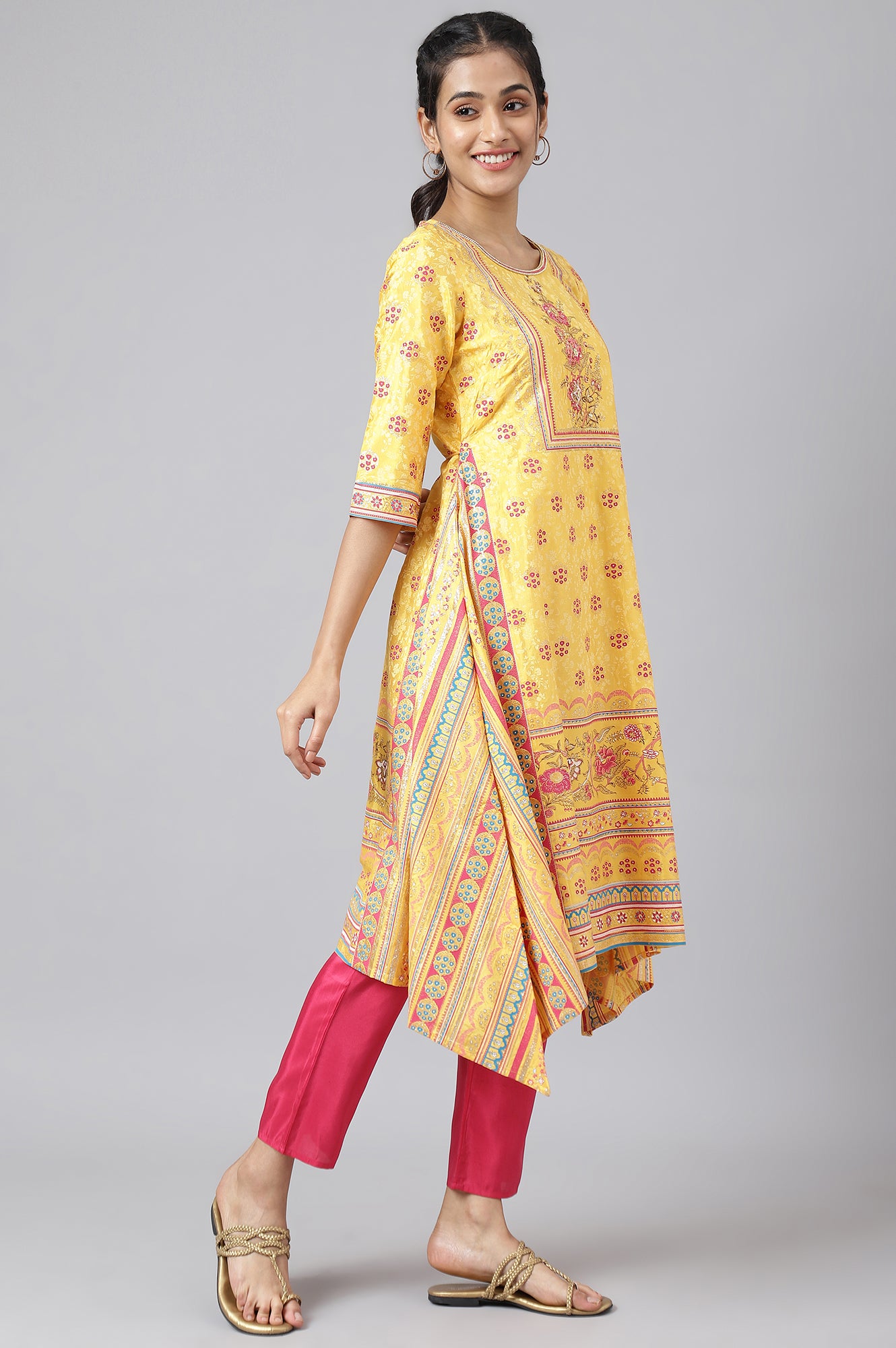 Yellow Asymmetric kurta with Pink Trouser and Dupatta