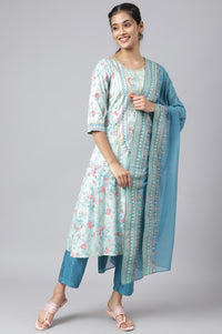 Blue Glitter Printed kurta with Blue Trousers and Dupatta