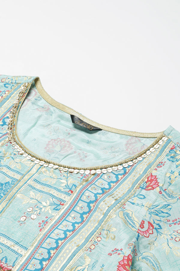 Blue Glitter Printed kurta with Blue Trousers and Dupatta