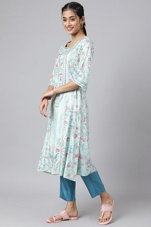 Blue Glitter Printed kurta with Blue Trousers and Dupatta