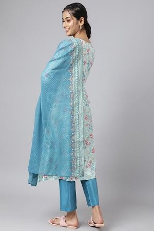 Blue Glitter Printed kurta with Blue Trousers and Dupatta