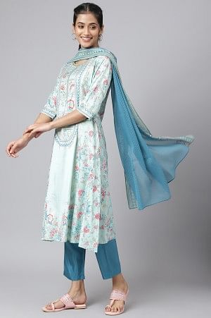 Blue Glitter Printed kurta with Blue Trousers and Dupatta