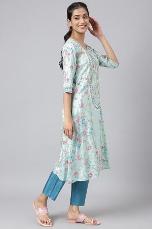 Blue Glitter Printed kurta with Blue Trousers and Dupatta