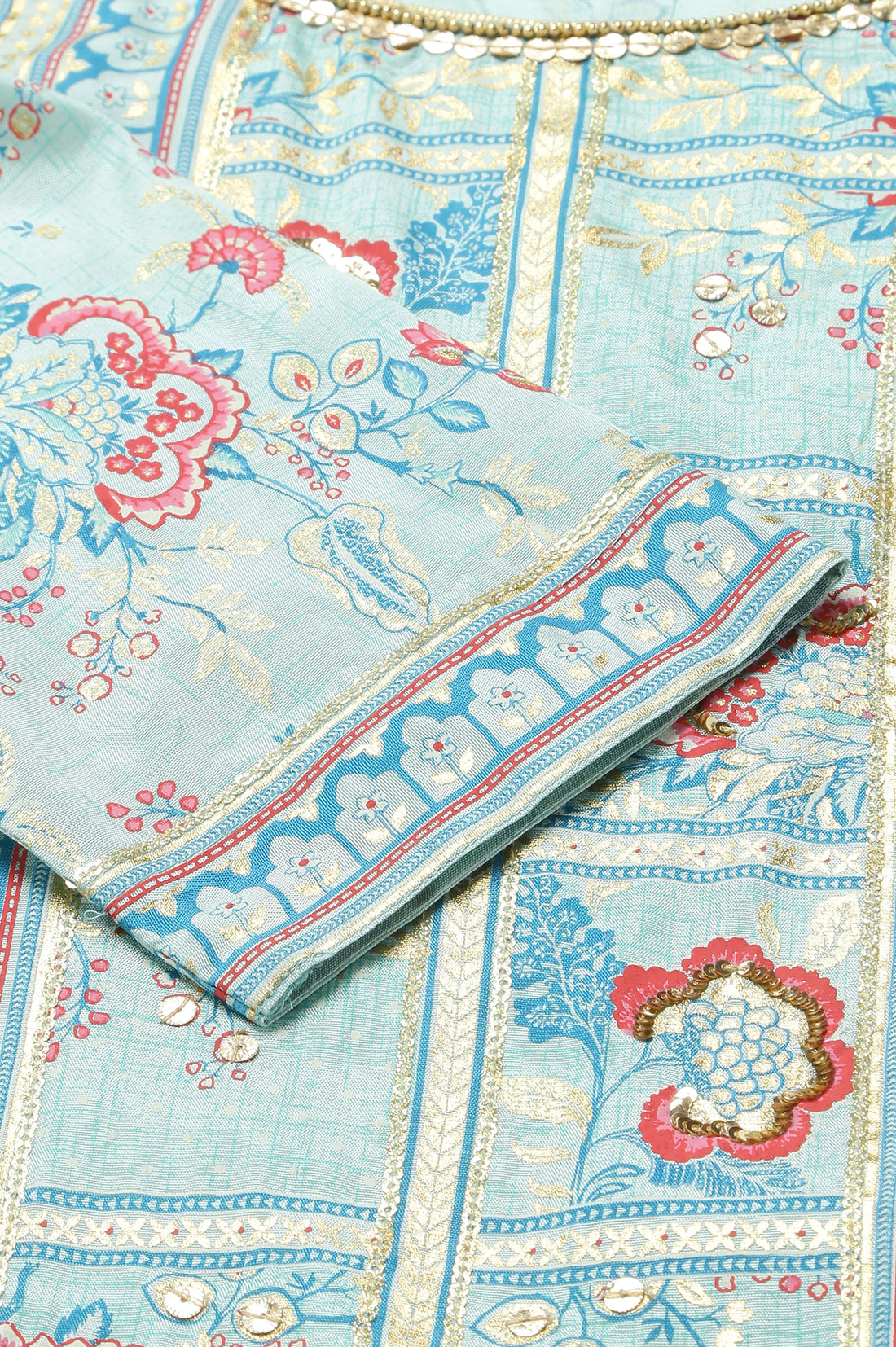 Blue Glitter Printed kurta with Blue Trousers and Dupatta
