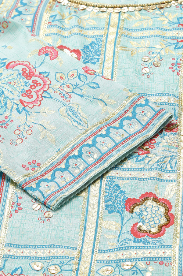 Blue Glitter Printed kurta with Blue Trousers and Dupatta