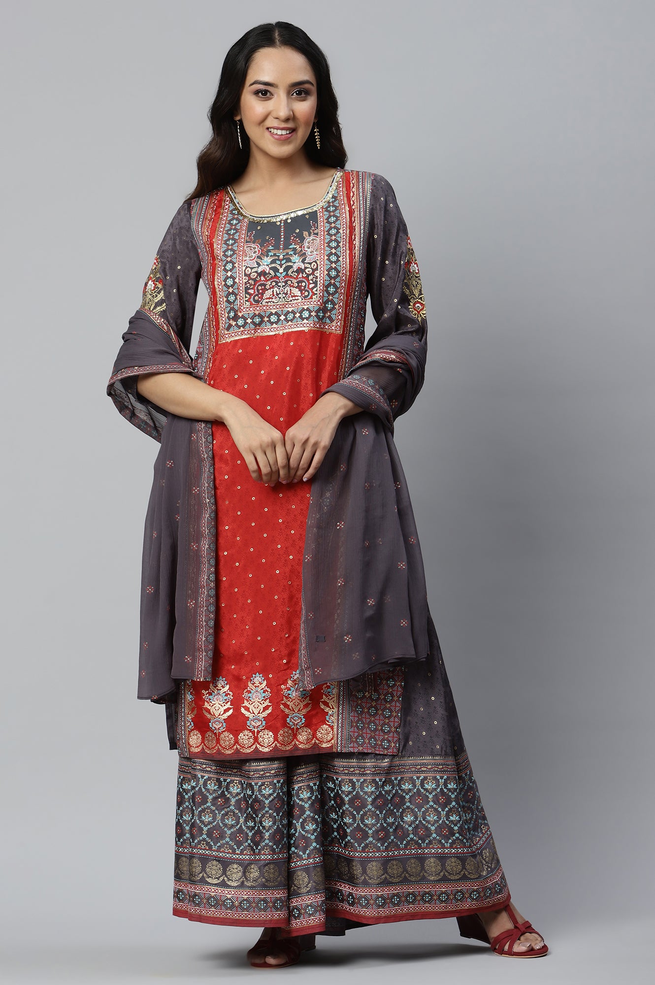 Grey Placement Printed kurta with Culottes and Dupatta