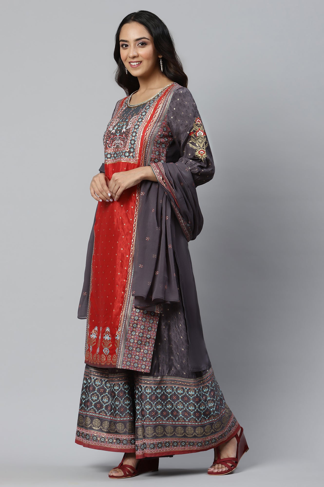 Grey Placement Printed kurta with Culottes and Dupatta