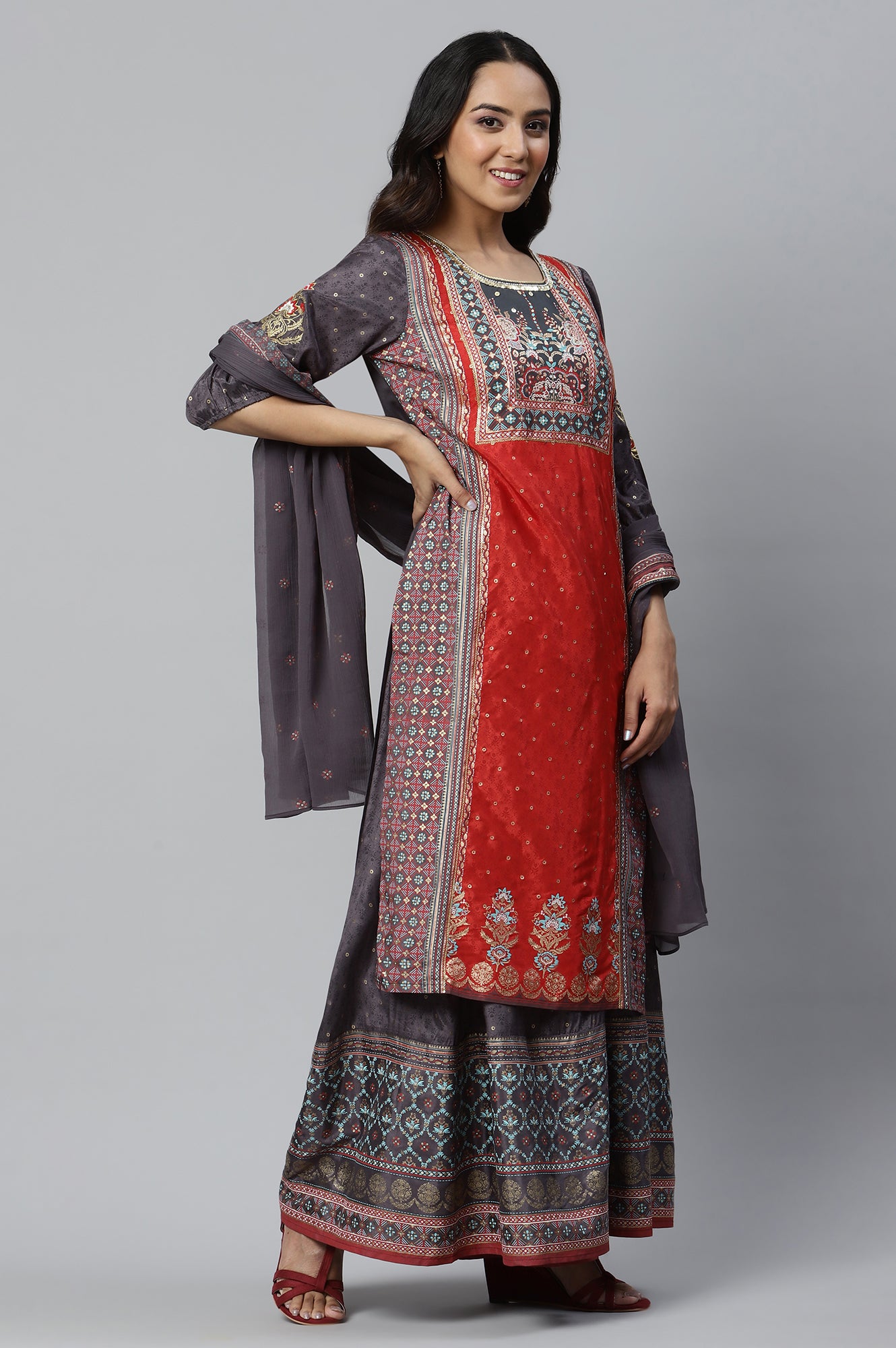 Grey Placement Printed kurta with Culottes and Dupatta